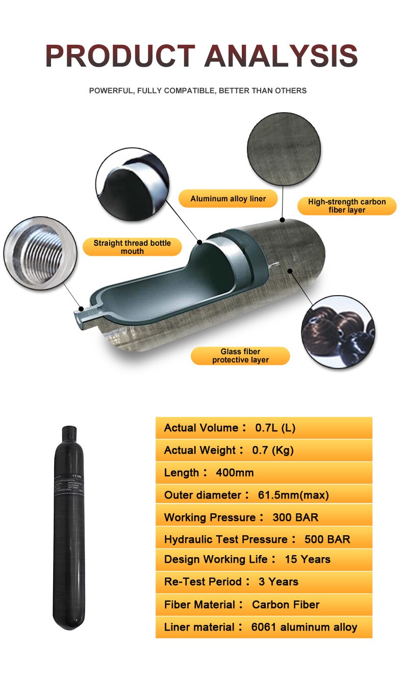 30Mpa 300Bar 4500Psi 0.7L 700cc Carbon Fiber Cylinder Air Tank Paintball HPA Hunting for PCP Air Rifle Tank FX Thread M18*1.5