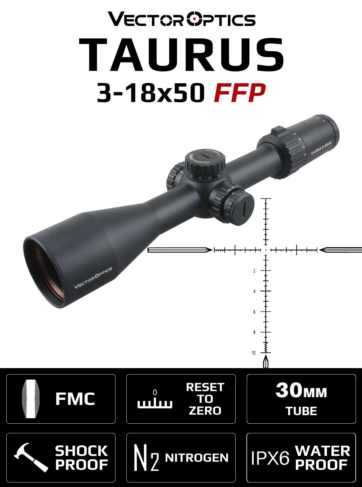 Vector Optics Taurus 3-18x 50mm FFP Hunting Tactical Long Eye Relief Riflescope Glass Reticle 30mm Scope 1/10 MIL Turret Lock