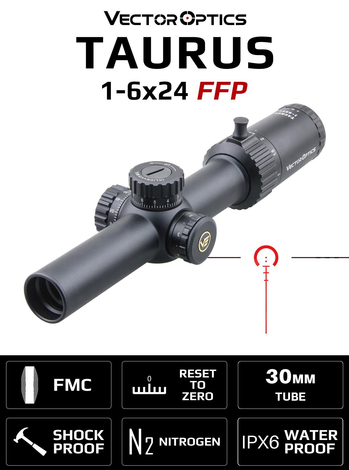 Taurus 1-6x24 FFP Riflescope Tactical Optical Scope 1/5 Mil 6 Levels Red BDC For CQB AR .223 .308win Dawn