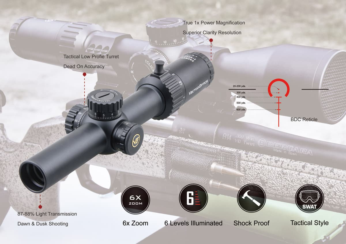 Taurus 1-6x24 FFP Riflescope Tactical Optical Scope 1/5 Mil 6 Levels Red BDC For CQB AR .223 .308win Dawn