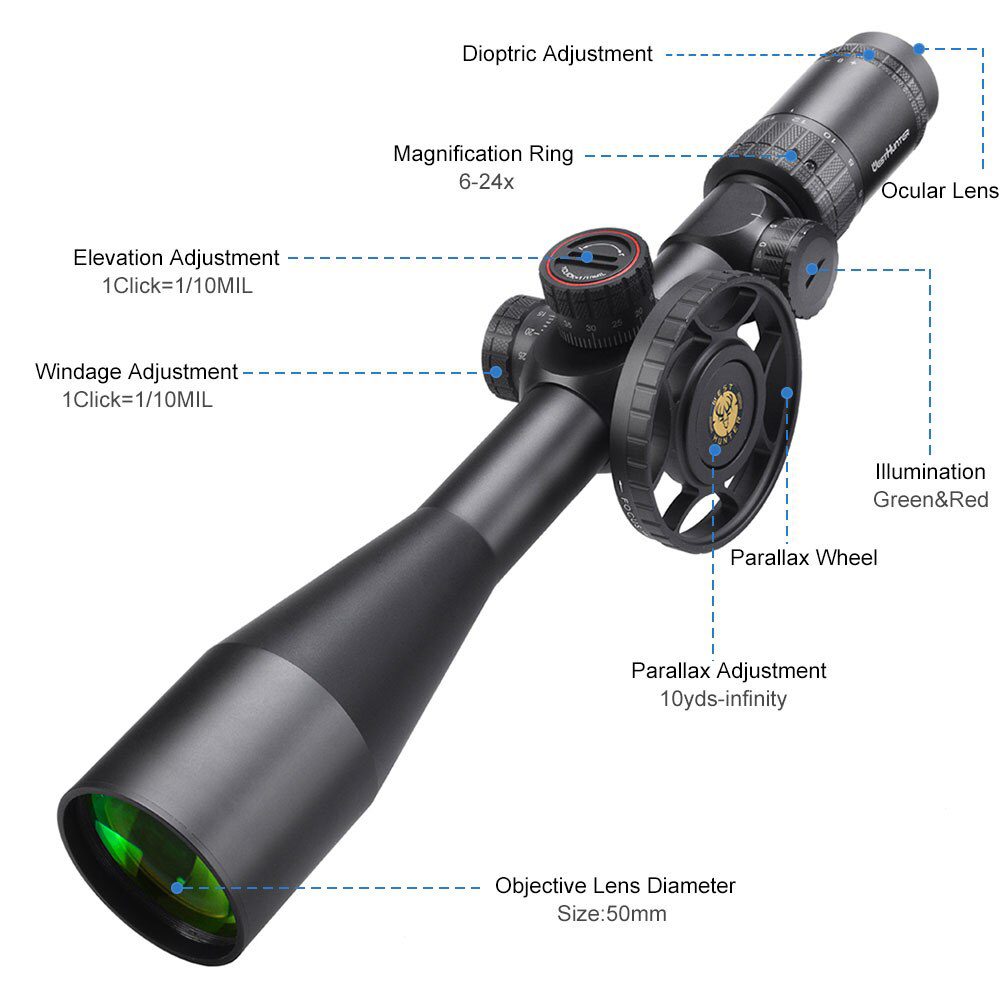 WESTHUNTER WHI 6-24X50 SFIR FFP Scope First Focal Plane Tactical Riflescope Big Parallax Wheel R&G Illuminated Lock Reset Sights