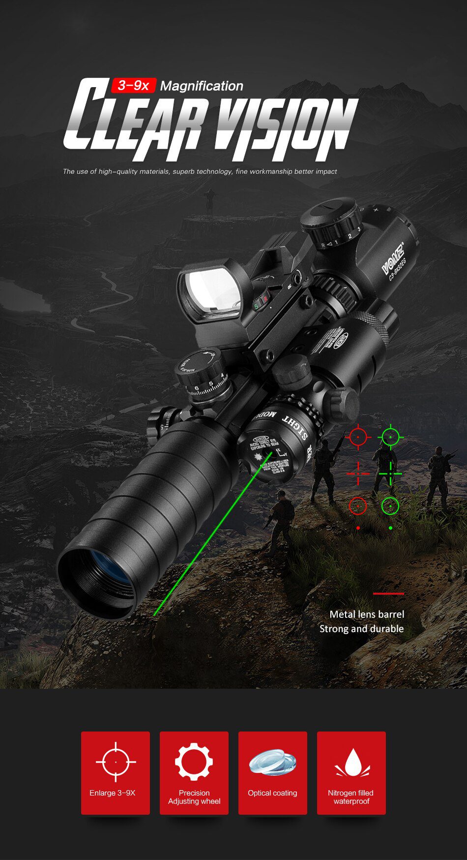 3-9X32EGC Tactical Optic Red Green Illuminated Riflescope Holographic Reflex 4 Reticle Dot Combo Hunting Rifle Scope