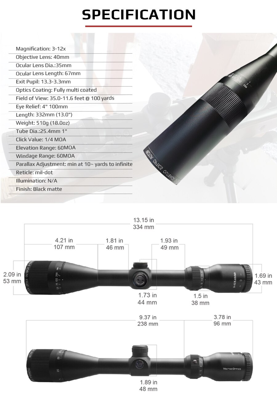 Vector Optics Outback 3-12x40SFP Riflescope 25.4mm 1" Monotube 1/4 MOA Hunting Focus .223 5.56mm Rifle Scope Air Gun