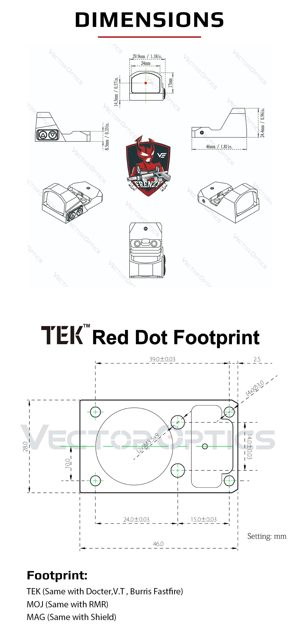 Vector Optics Frenzy 1x17x24 Red Dot Scope Pistol Handgun Sight IPX6 Water Proof Fit 21mm Picatinny GLOCK 17 19 9mm AR15 M4 AK