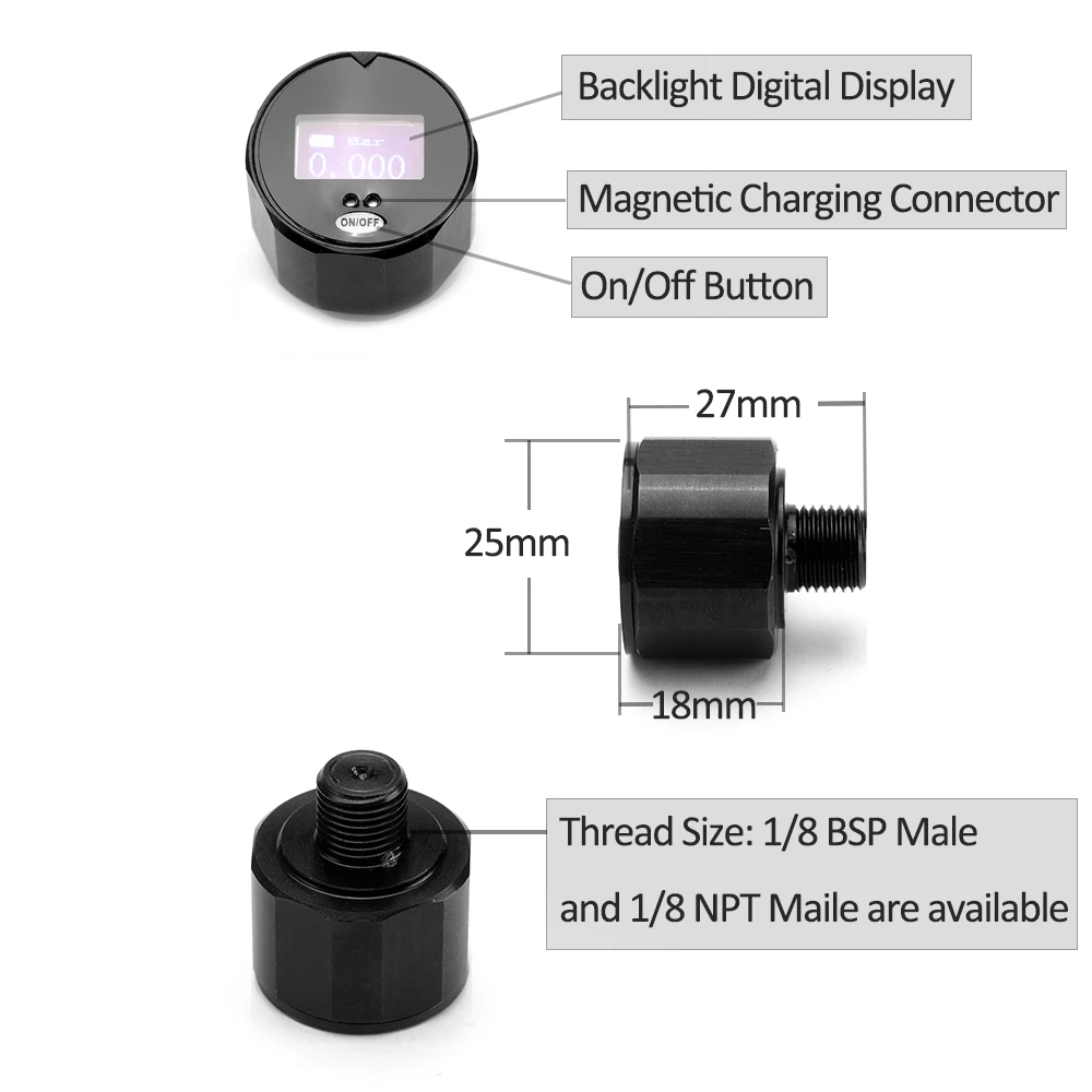 25mm 400Bar(6000Psi) HPA PCP Air-Gun High Precision Digital Pressure Gauge Paintball Manometer Backlight Display with USB Cable