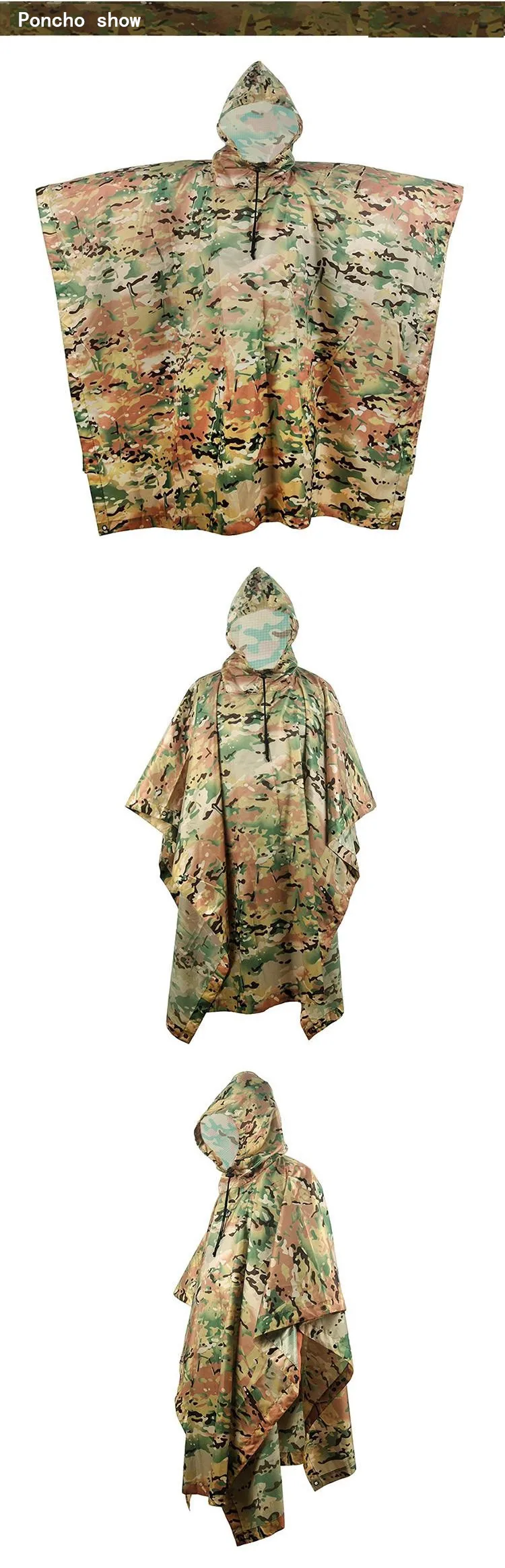 Outdoor Military Breathable Camouflage Poncho Jungle Tactical Raincoat Birdwatching Hiking Hunting Ghillie Suit Travel Rain Gear